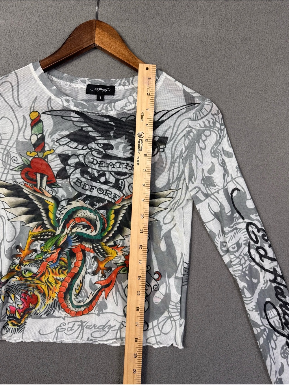 Ed Hardy Y2K Style Tattoo Mesh Long Sleeve Crop Top, Sheer Before Death Design S - Picture 14 of 16